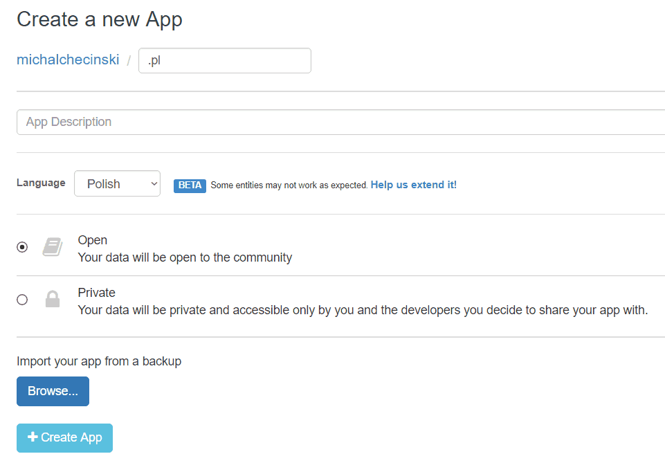formularz tworzenia nowej aplikacji w wit.ai